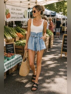 BLANK NYC High Waist Denim Self-Belt Shorts Light Wash Size 28 NWT